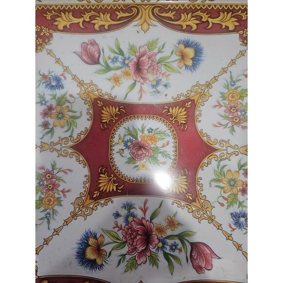 Vintage 1987 the Tin Box Company Square Serving Tray Tin Floral Red And Gold - Picture 9 of 11
